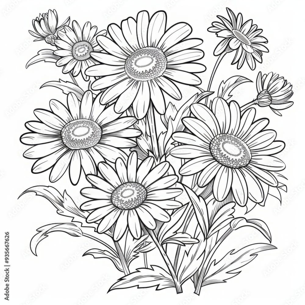 Hand-drawn bouquet of daisies with detailed petals and leaves on a ...
