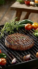 Sticker - Close-up of a perfectly grilled steak on a hot grill with vegetables, herbs, and smoke.