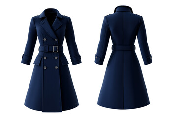 Elegant navy blue trench coat front and back mock up with belt and lapel details isolated on transparent background 