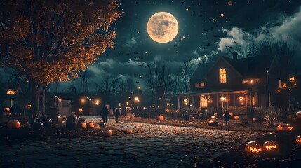 Wall Mural - 73. a picturesque halloween night with a full moon, spooky decorations, and trick-or-treaters