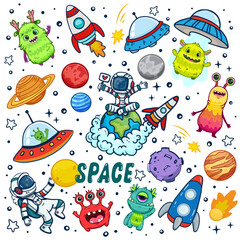 Wall Mural - set of cosmos in doodle style: astronaut, planets, stars, rocket and alien, monster for design. scie