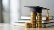 © N7 - Scholarship and Grants Background - Books and coins with a scholarship application, representing financial aid in education.