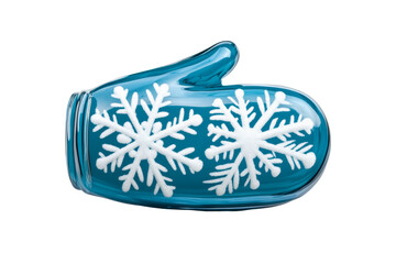 Sticker - Gleaming 3D glass mitten with frosted winter pattern isolated on transparent background 