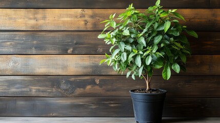 Poster - Potted green plant against a rustic wooden wall in a bright indoor space