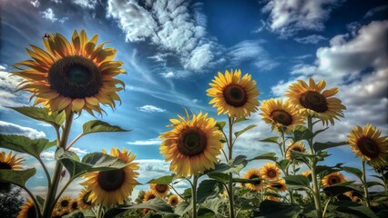 Wall Mural - Vibrant yellow sunflowers stretch towards the sky, their tall stalks swaying gently in the breeze, set against a brilliant blue backdrop with fluffy white clouds.