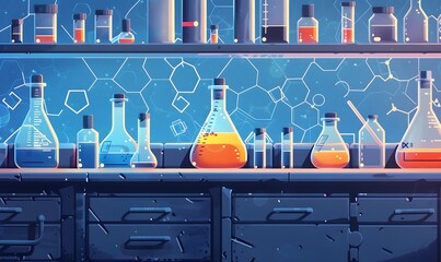 beaker and flask in science laboratory with chemical structure blue banner background. 