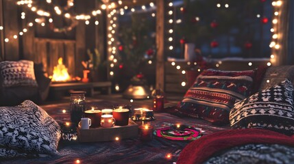 Wall Mural - 78. A festive winter party with cozy blankets, hot cocoa, and holiday-themed games