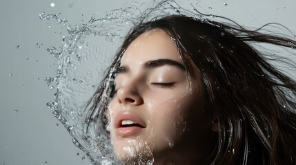 Poster - A woman with long dark hair has water splashing around her face as she looks at the camera with her eyes closed.