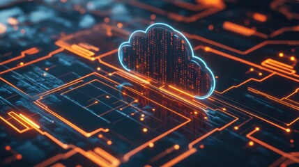 Wall Mural - A glowing cloud symbol sits atop a futuristic circuit board, representing the interconnected nature of data storage and processing.