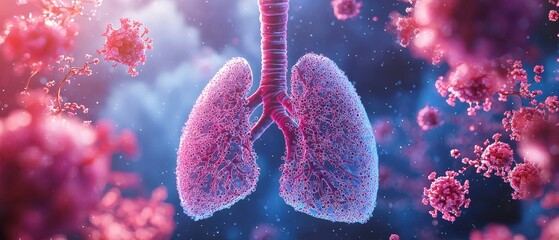 Human lungs anatomy with cancer cells. 