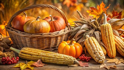 Wall Mural - Autumn harvest with corn and wheat