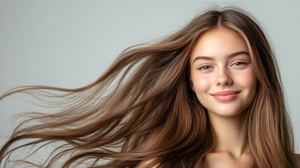 Wall Mural - Portrait of a young woman with long flowing hair smiling.