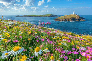 Poster - A stunning view of the lighthouse on Godierre island, cornwall with wild flowers in full bloom during sunrise.