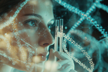 Wall Mural - Double exposure of laboratory worker with buccal cotton swab and tube for genetic testing and illustration of DNA structure