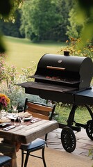 Sticker - Black charcoal grill on patio with table set for a meal.