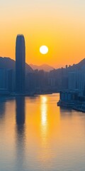 Wall Mural - A breathtaking sunset over a city skyline, the golden light reflecting off the water.