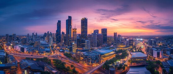 Dynamic city skyline at dusk with neon lights casting a glow on modern architecture and bustling streets below