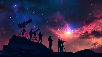 Wall Mural - A group of stargazers with telescopes observe the vibrant night sky, filled with stars, nebulae, and a brilliant light source.
