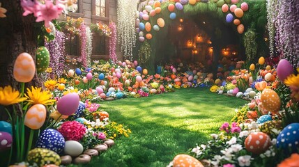 Wall Mural - 87. A picturesque Easter celebration with a garden full of blooming flowers and hidden eggs