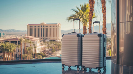 Las Vegas luxury travel destination hotel suitcase pair modern palm tree background vacation getaway stylish upscale tourism banner copy space casino gambling luxury holiday trip 