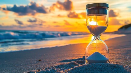 Poster - An hourglass on the beach with sunset in the background, symbolizing time passing and living each moment to its full potential.