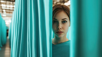 A young woman with brown hair and blue eyes peers out from behind a teal curtain.