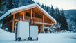 © Sawoon - Winter travel holiday cabin snow destination with white suitcases cozy mountain chalet vacation rustic snowy countryside getaway snowy forest tourism accommodation abnb rent home holidays copy space
