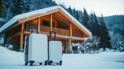 Winter travel holiday cabin snow destination with white suitcases cozy mountain chalet vacation rustic snowy countryside getaway snowy forest tourism accommodation abnb rent home holidays copy space