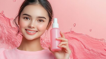 Canvas Print - Happy woman with perfect skin holds a bottle of pink liquid in her hand, surrounded by pink water splashes.