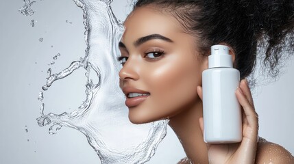 Wall Mural - Woman with clear skin holding a white bottle of lotion surrounded by water splash.