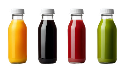 Set of freshly squeezed juices in bottles isolated on transparent background