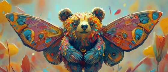 Imaginative cartoon hybrid of a bear and butterfly, with vibrant colors and whimsical details, ideal for a creative and playful scene