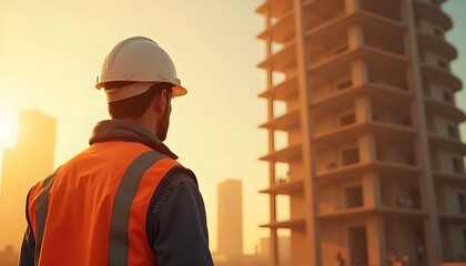 An engineer looks at an unfinished tall building, the engineer is wearing a white helmet and safety vest, Engineering, construction site and team outdoor for building project, planning 