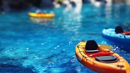 Colorful kayaks floating on a calm blue lake, a perfect summer day.