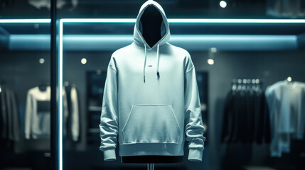 Mock up replica hoodie in stainless steel mannequin standing in luxurious shop.