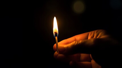 Wall Mural - Person holding lit match in dark place. Black background. Memory of a person. Traditions