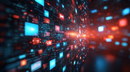 Digital information is flowing in cyberspace with glowing icons and code
