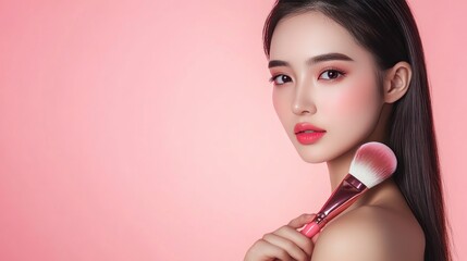 Poster - A woman with long black hair and flawless skin holds a makeup brush against a pink background.