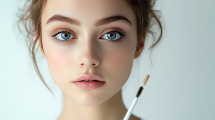 Poster - Close-up portrait of a young woman with blue eyes and perfectly shaped eyebrows. A brow brush is visible in the lower right corner.