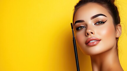 Wall Mural - Closeup of woman with black eyeliner, mascara wand, and flawless makeup against a yellow background.