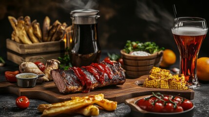 A delicious BBQ feast with roasted meat, fries, vegetables, and a glass of beer.