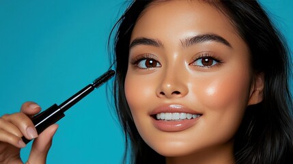 Sticker - Close up of a young woman applying mascara to her eyelashes with a bright blue background.