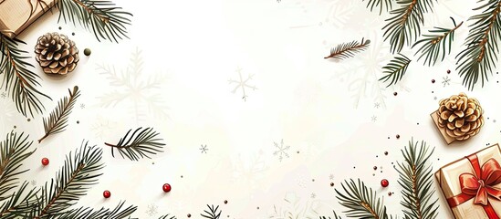 Sticker - Christmas background featuring hand drawn coniferous branches presents and a winter postcard for the New Year. Copy space image. Place for adding text and design