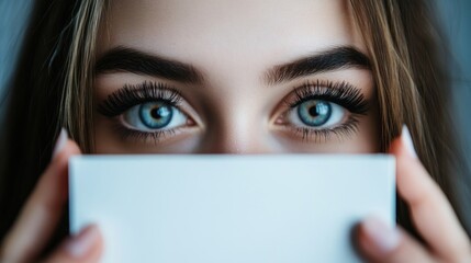 Poster - Closeup of a woman's blue eyes with long eyelashes peeking over a white card.