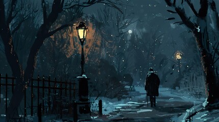 Poster - Lonely Figure Walking Through a Snowy Forest at Night