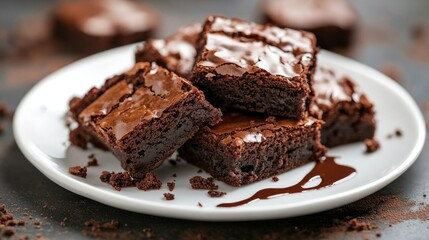 Delicious brownies on a white plate, with melted chocolate dripping and crumbs scattered, capturing the essence of indulgence.