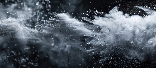 Poster - Abstract powder splattered background freeze motion of white powder bursting or scattering. Copy space image. Place for adding text and design