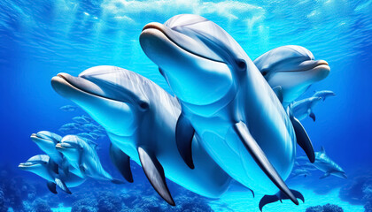 Wall Mural - Pair of dolphins swimming in clear water