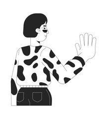 Wall Mural - Korean stylish woman touching with hand black and white 2D line cartoon character. Adult asian female pressing palm isolated vector outline person. Glasses brunette monochromatic spot illustration