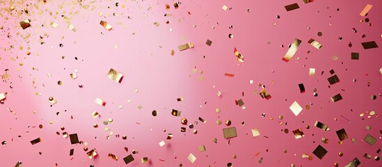 Sticker - Pink festive backdrop featuring golden confetti stars. Copy space image. Place for adding text and design